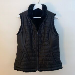 Women’s Black Full Length Reversible Fur Puffer Vest with pockets - Size Large